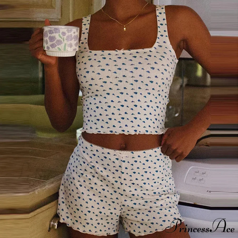 Flower Pattern Bow Detail Sleeveless Midriff Tops Shorts Two Pieces Set - Image 4
