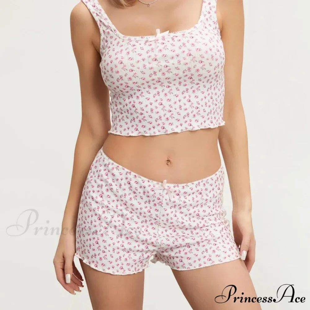 Flower Pattern Bow Detail Sleeveless Midriff Tops Shorts Two Pieces Set - Image 6