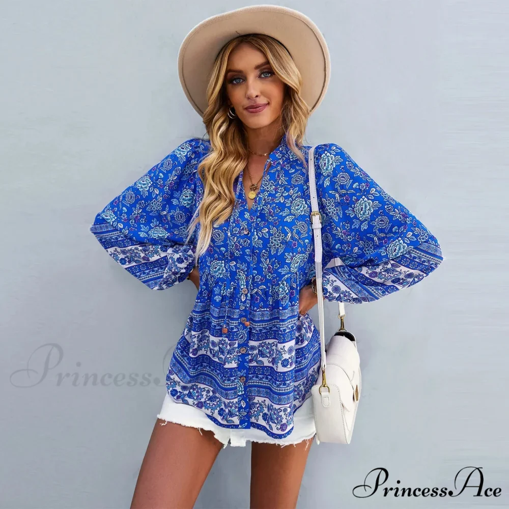 Flower Pattern Button-Up Extended Sleeve Bohemian Blouse - Image 10