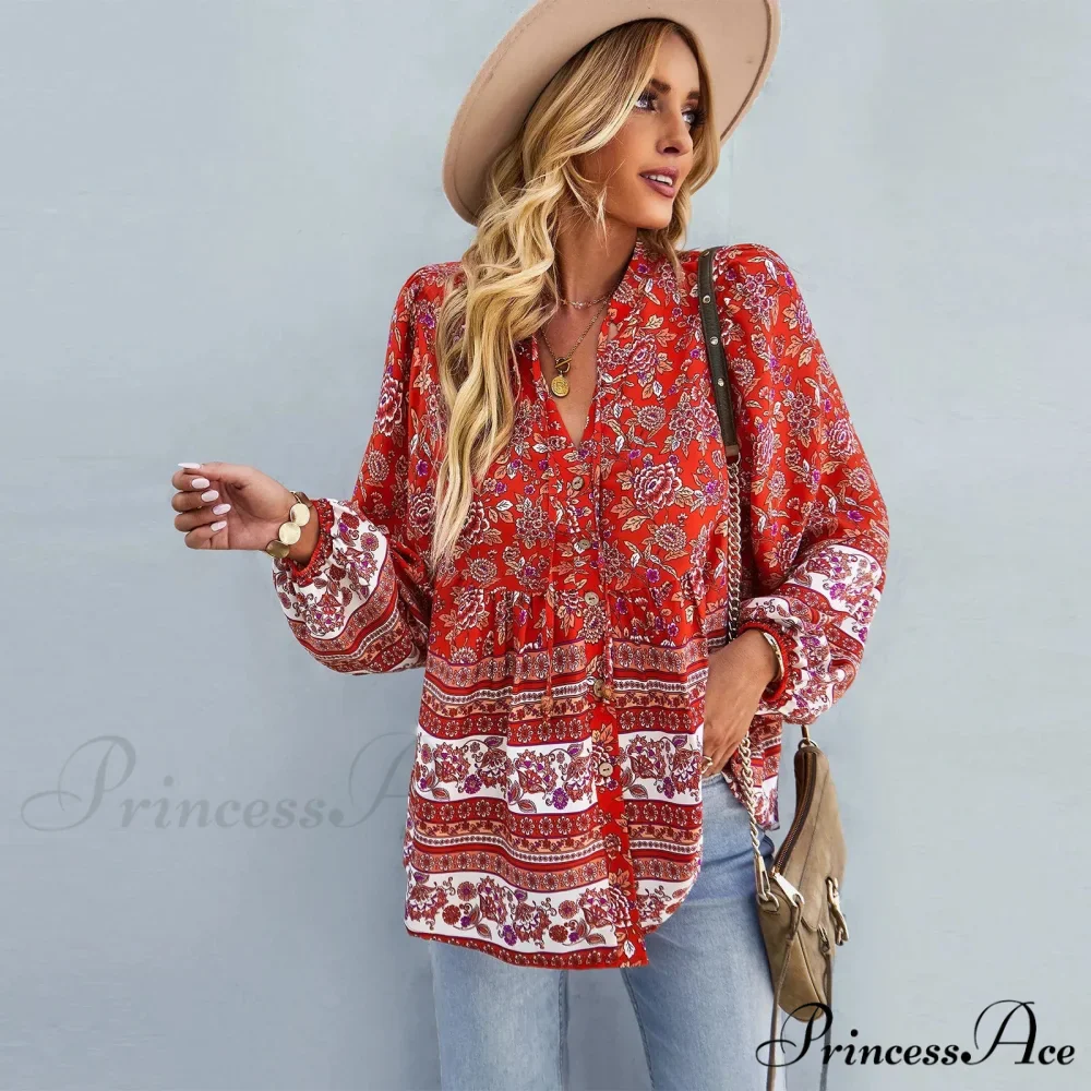 Flower Pattern Button-Up Extended Sleeve Bohemian Blouse - Image 11