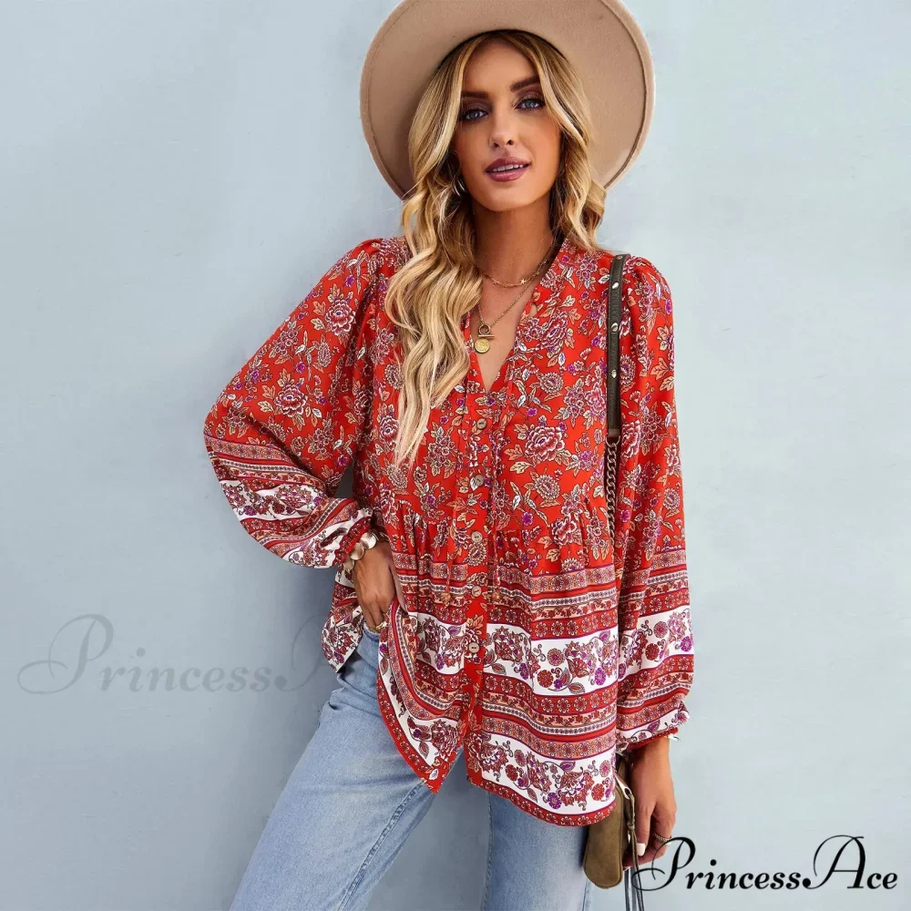 Flower Pattern Button-Up Extended Sleeve Bohemian Blouse - Image 2