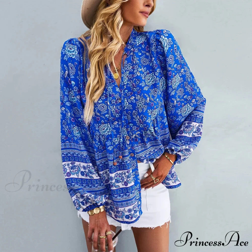 Flower Pattern Button-Up Extended Sleeve Bohemian Blouse - Image 3