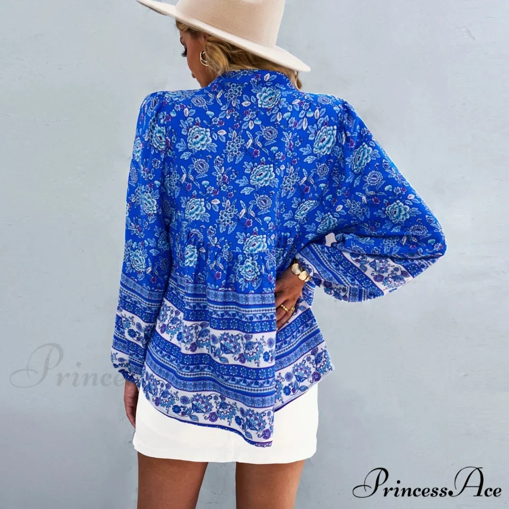 Flower Pattern Button-Up Extended Sleeve Bohemian Blouse - Image 4