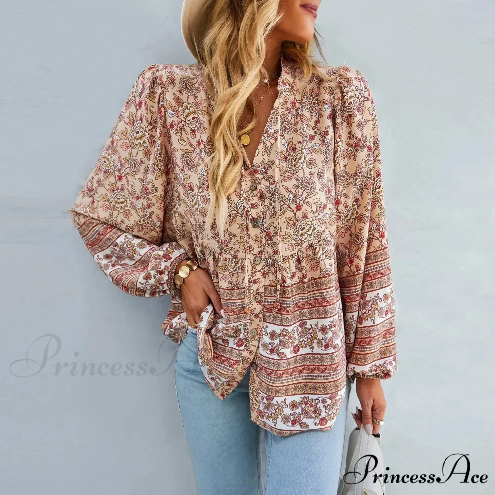 Flower Pattern Button-Up Extended Sleeve Bohemian Blouse - Image 5