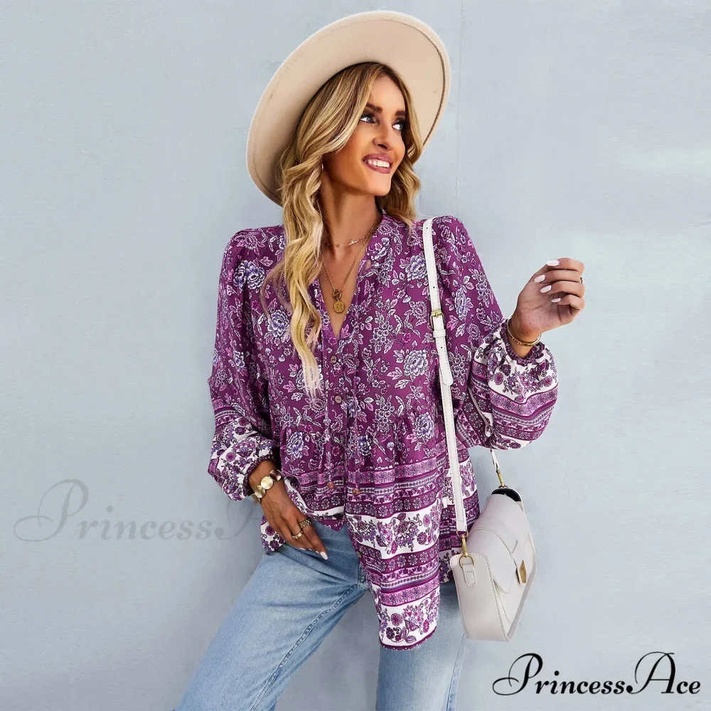Flower Pattern Button-Up Extended Sleeve Bohemian Blouse - Image 6