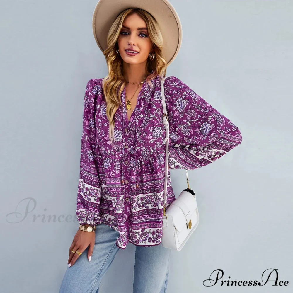Flower Pattern Button-Up Extended Sleeve Bohemian Blouse - Image 7