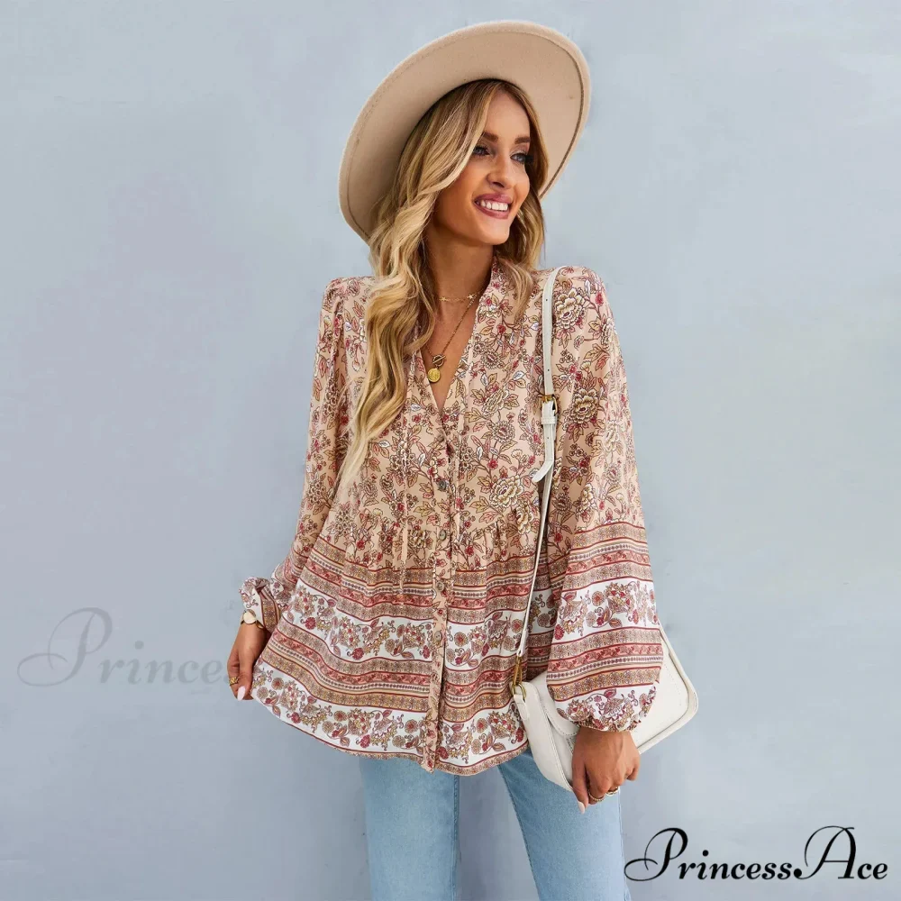 Flower Pattern Button-Up Extended Sleeve Bohemian Blouse - Image 8