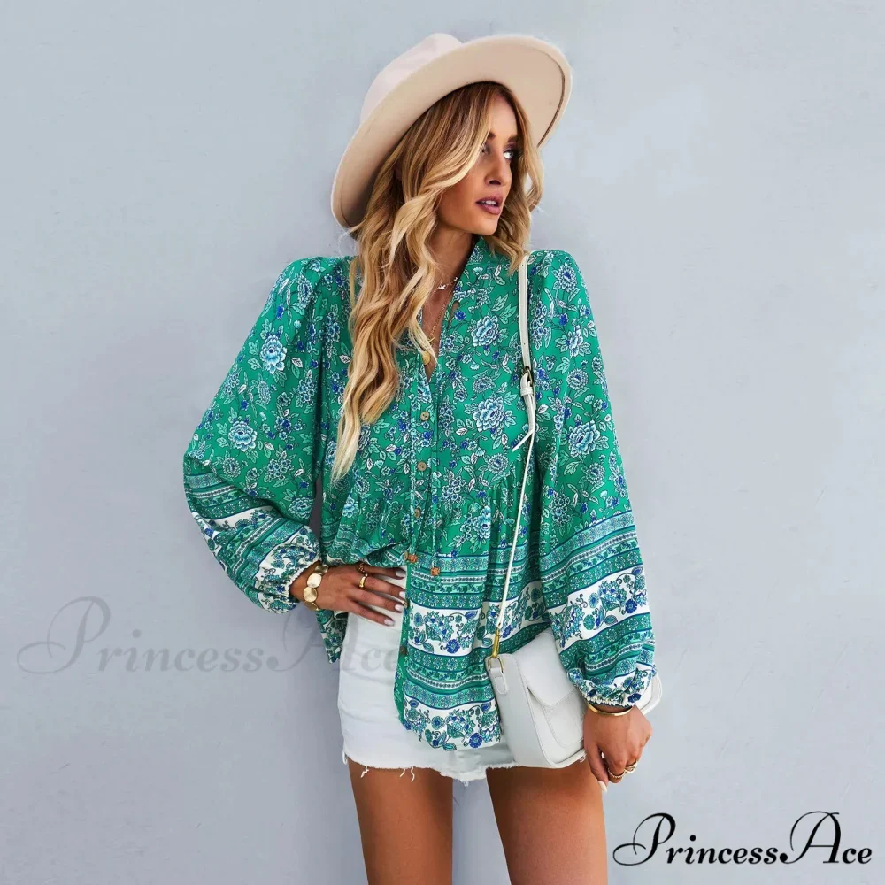 Flower Pattern Button-Up Extended Sleeve Bohemian Blouse - Image 9