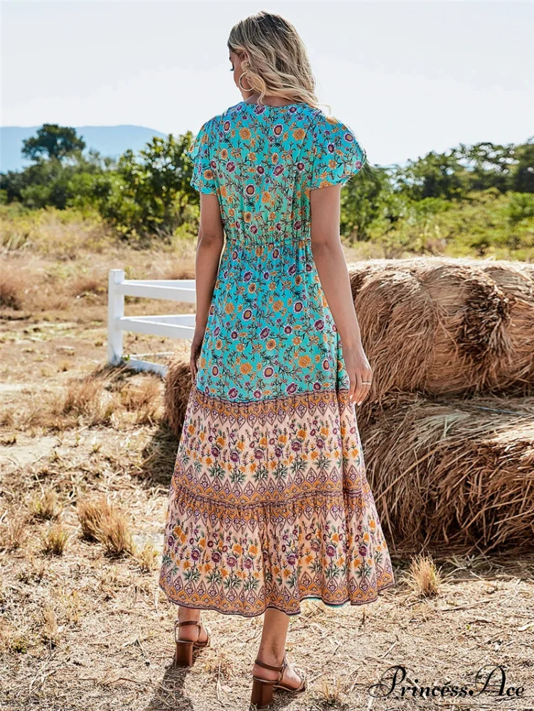 Flower Pattern Button V-neck Folded Rayon Beach Maxi Boho Dress - Image 2