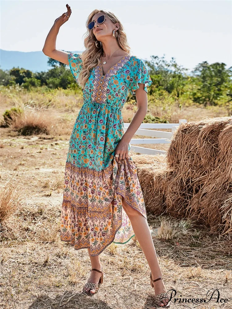 Flower Pattern Button V-neck Folded Rayon Beach Maxi Boho Dress - Image 3