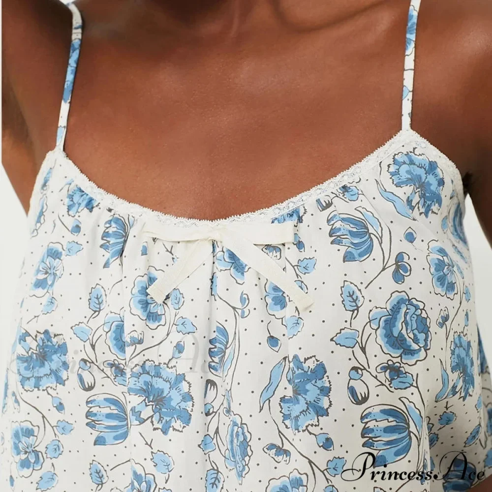 Flower Pattern Camisole Pajama Set Ribbon Trim Sleeveless Crop Shorts Two Pieces Set - Image 5