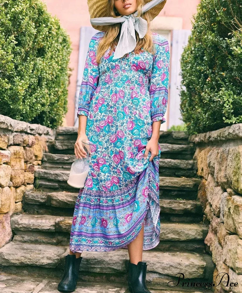 Flower Pattern Cross V-neck Button Summer Boho Dress - Image 2