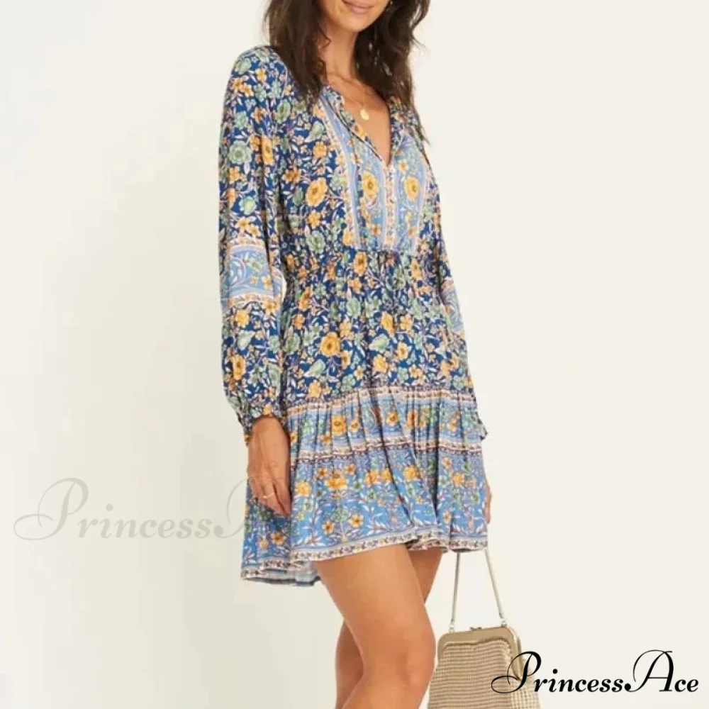 Flower Pattern Cultural Long Sleeve V-neck Button Belt Frills Mini Boho Dress - Image 2