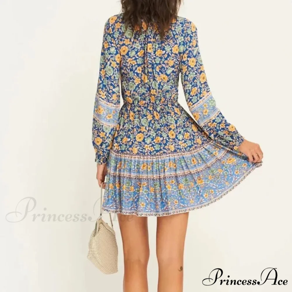 Flower Pattern Cultural Long Sleeve V-neck Button Belt Frills Mini Boho Dress - Image 3