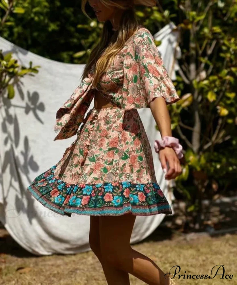 Flower Pattern Deep Plunge Waist Ties Batwing Sleeve Bow Mini Boho Dress - Image 2