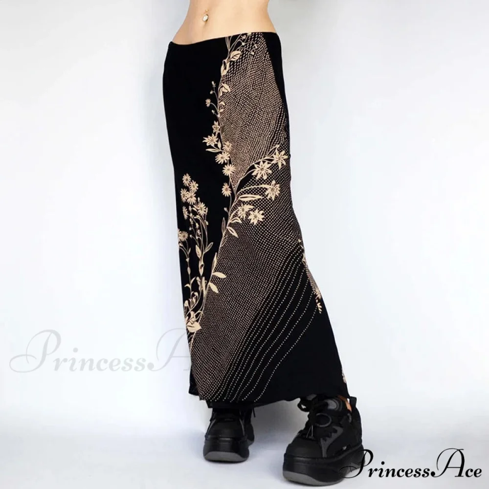 Flower Pattern Extended Vintage Shortened Decline Straight Medium Skirt - Image 3