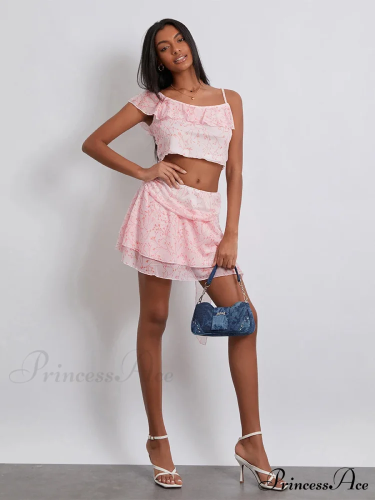 Flower Pattern Frill Sling Cropped Camisole Mini Skirt Flowered Dress - Image 6