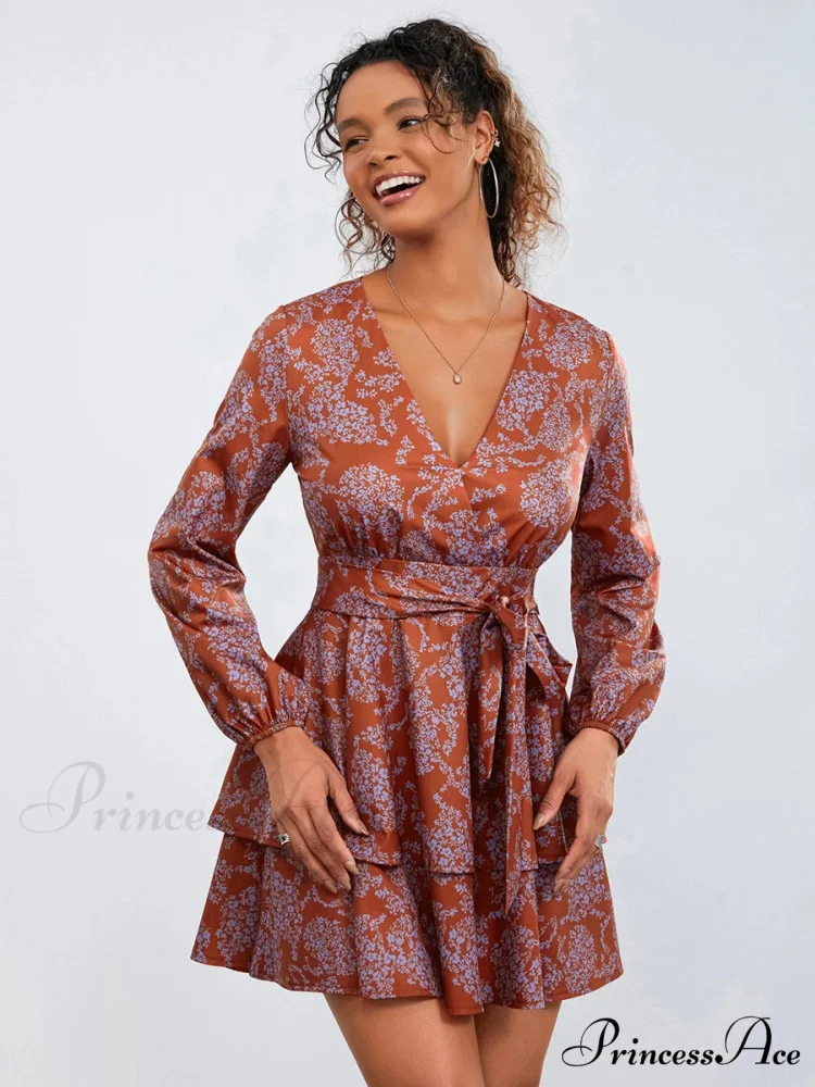 Flower Pattern Frills Tiered Mini Dress V-neck High Waist Flower Dress