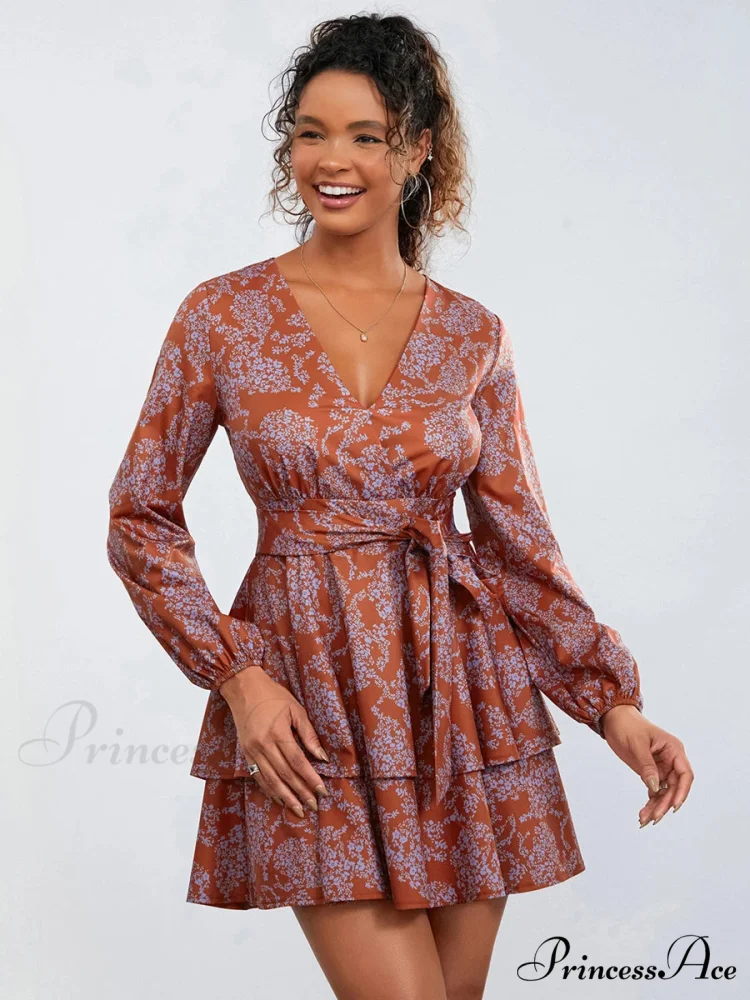Flower Pattern Frills Tiered Mini Dress V-neck High Waist Flower Dress - Image 2