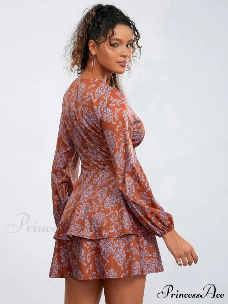 Flower Pattern Frills Tiered Mini Dress V-neck High Waist Flower Dress - Image 4