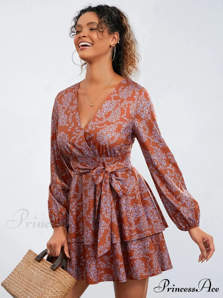 Flower Pattern Frills Tiered Mini Dress V-neck High Waist Flower Dress - Image 6
