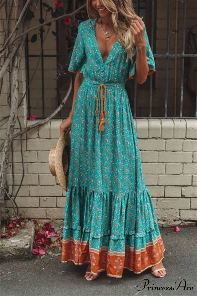 Flower Pattern Fringe V-neck Rayon Cotton Long Boho Dress - Image 2