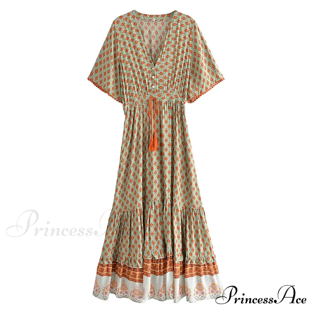 Flower Pattern Fringe V-neck Rayon Cotton Long Boho Dress - Image 4
