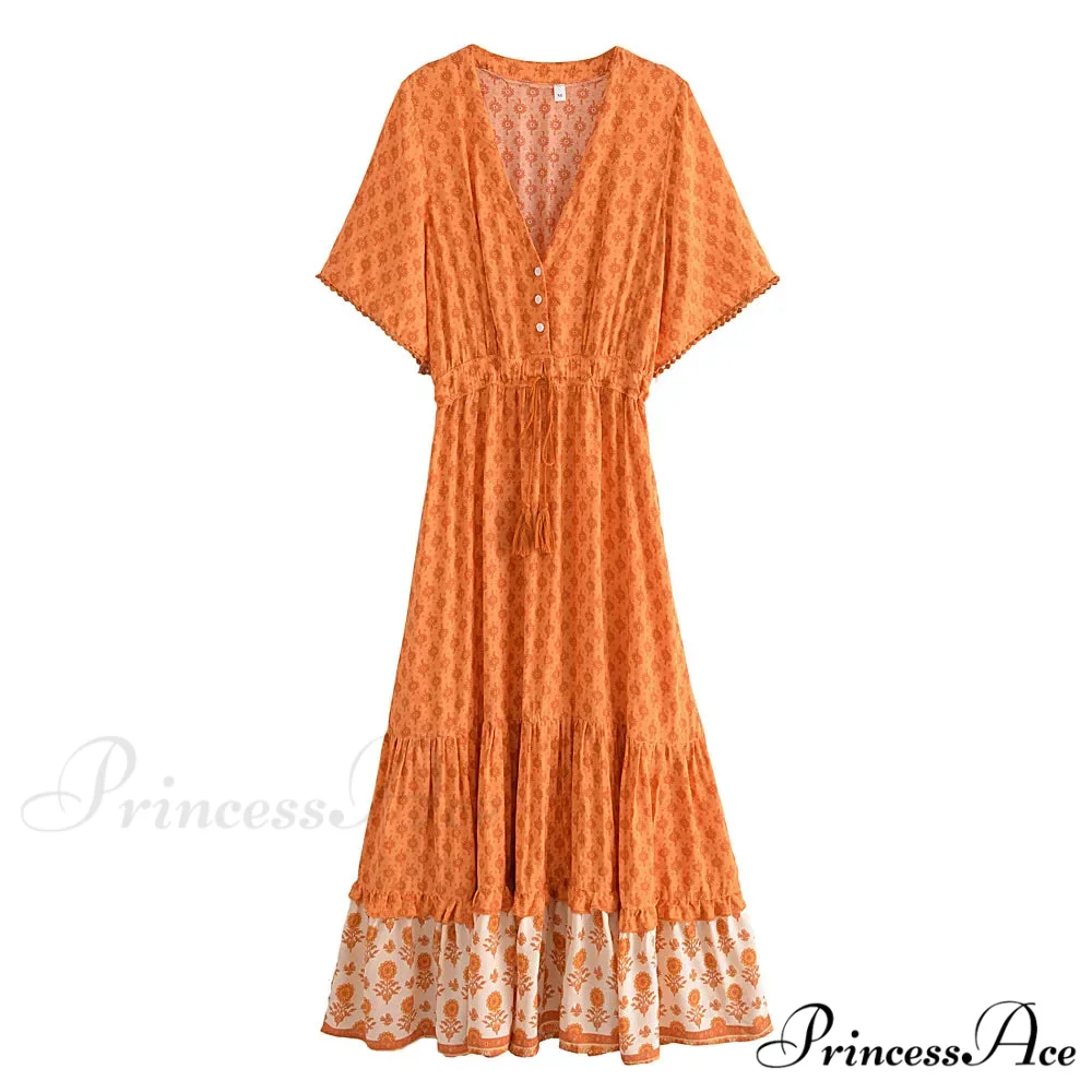 Flower Pattern Fringe V-neck Rayon Cotton Long Boho Dress - Image 5