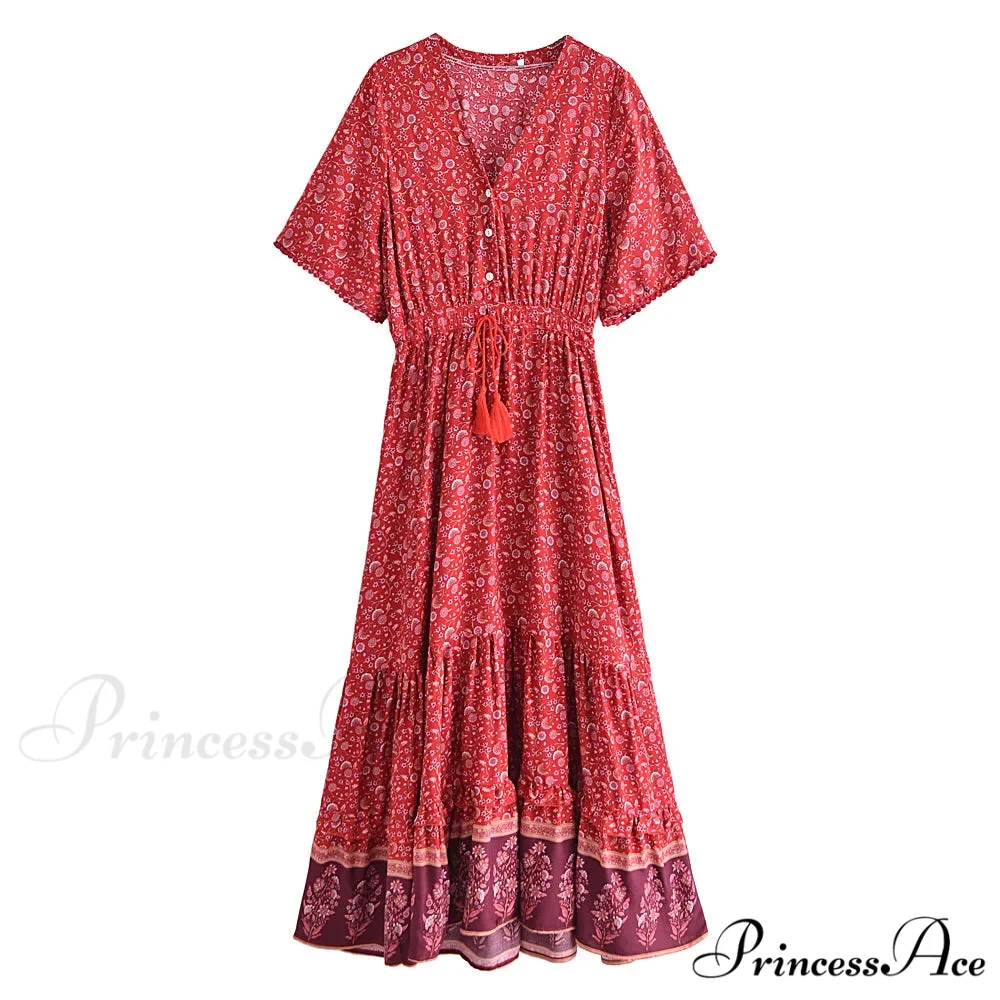 Flower Pattern Fringe V-neck Rayon Cotton Long Boho Dress - Image 6