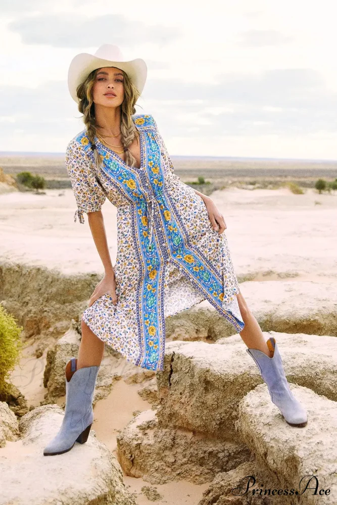 Flower Pattern Half Sleeve Baggy Belt V-neck Holiday Midi Boho Dress - Image 2
