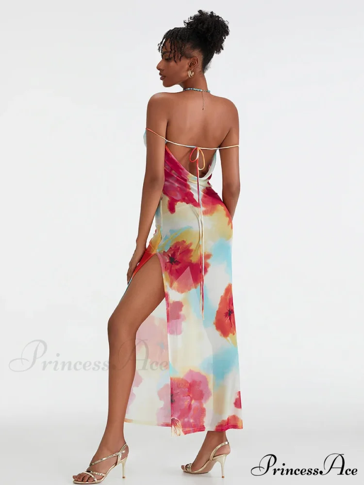 Flower Pattern High Separation Backless Off-Shoulder Tie-up Long Flower Dress - Image 2