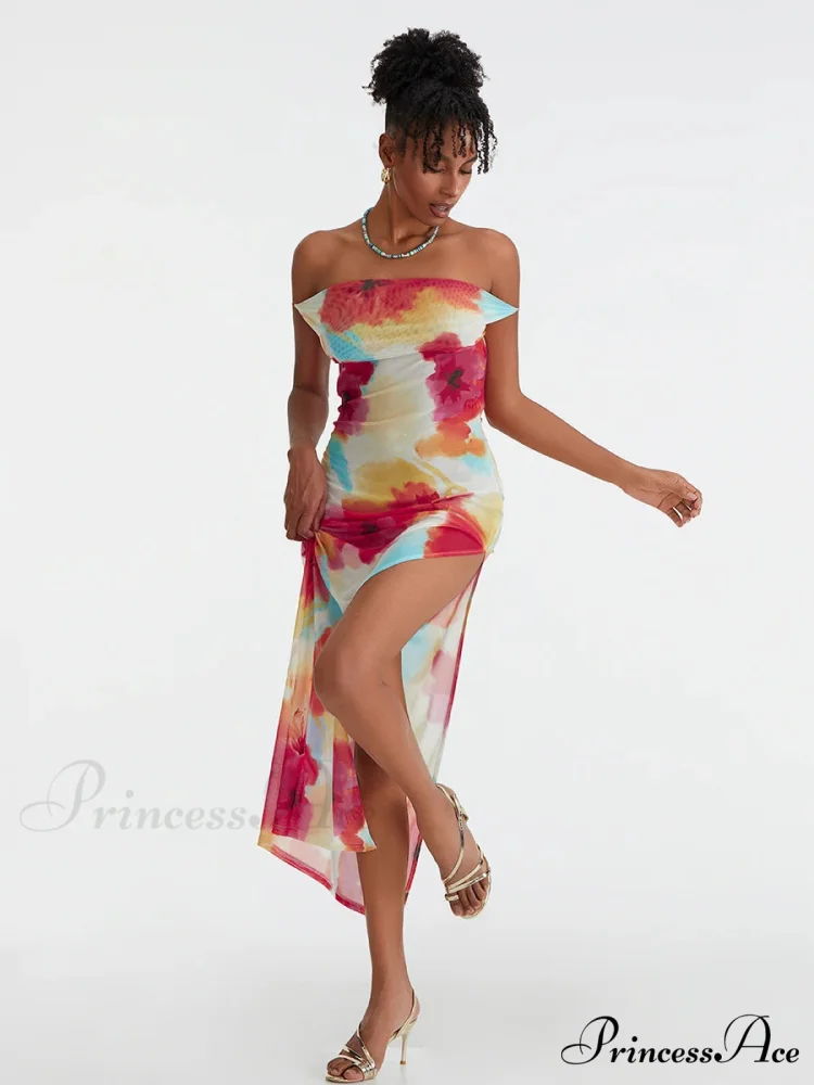 Flower Pattern High Separation Backless Off-Shoulder Tie-up Long Flower Dress - Image 4