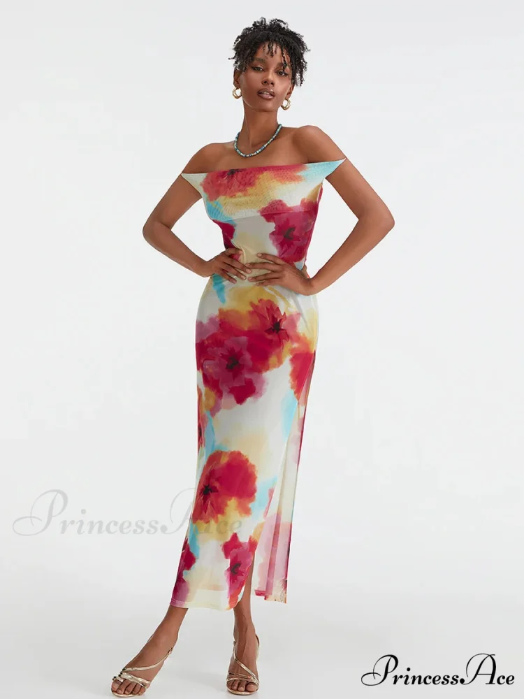 Flower Pattern High Separation Backless Off-Shoulder Tie-up Long Flower Dress - Image 5