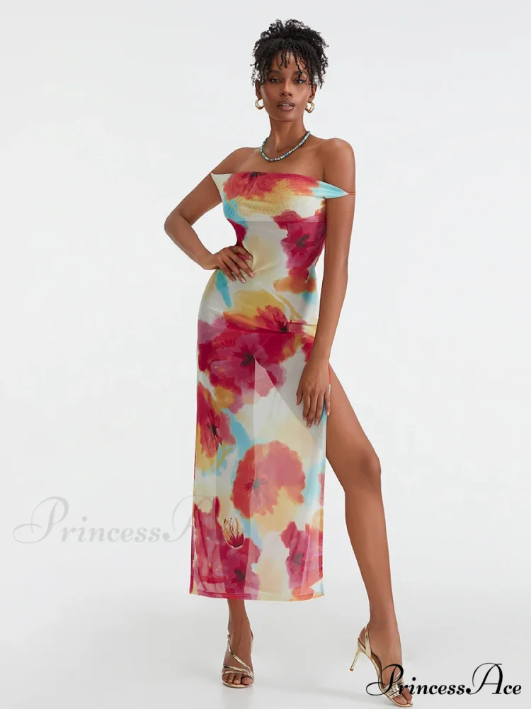 Flower Pattern High Separation Backless Off-Shoulder Tie-up Long Flower Dress - Image 6
