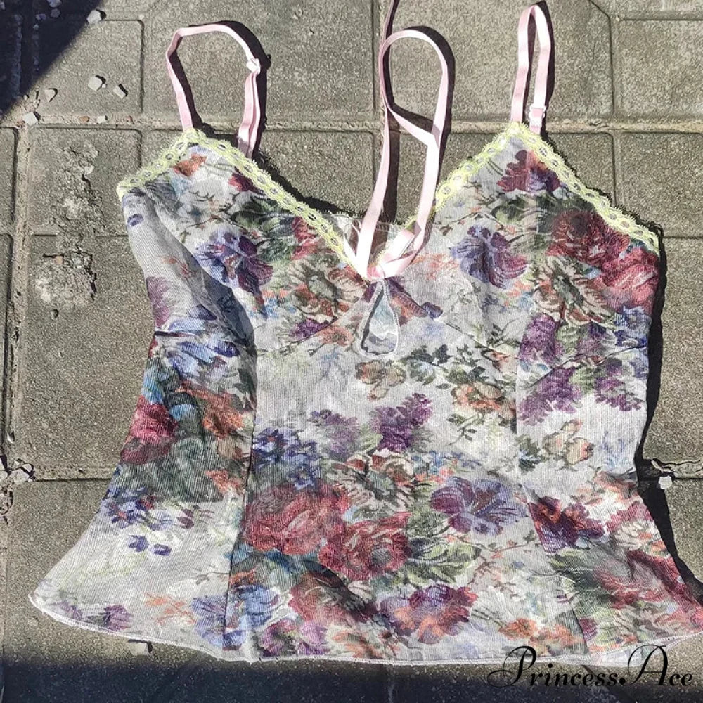 Flower Pattern Lace Fasten Sheer Midriff Top - Image 3
