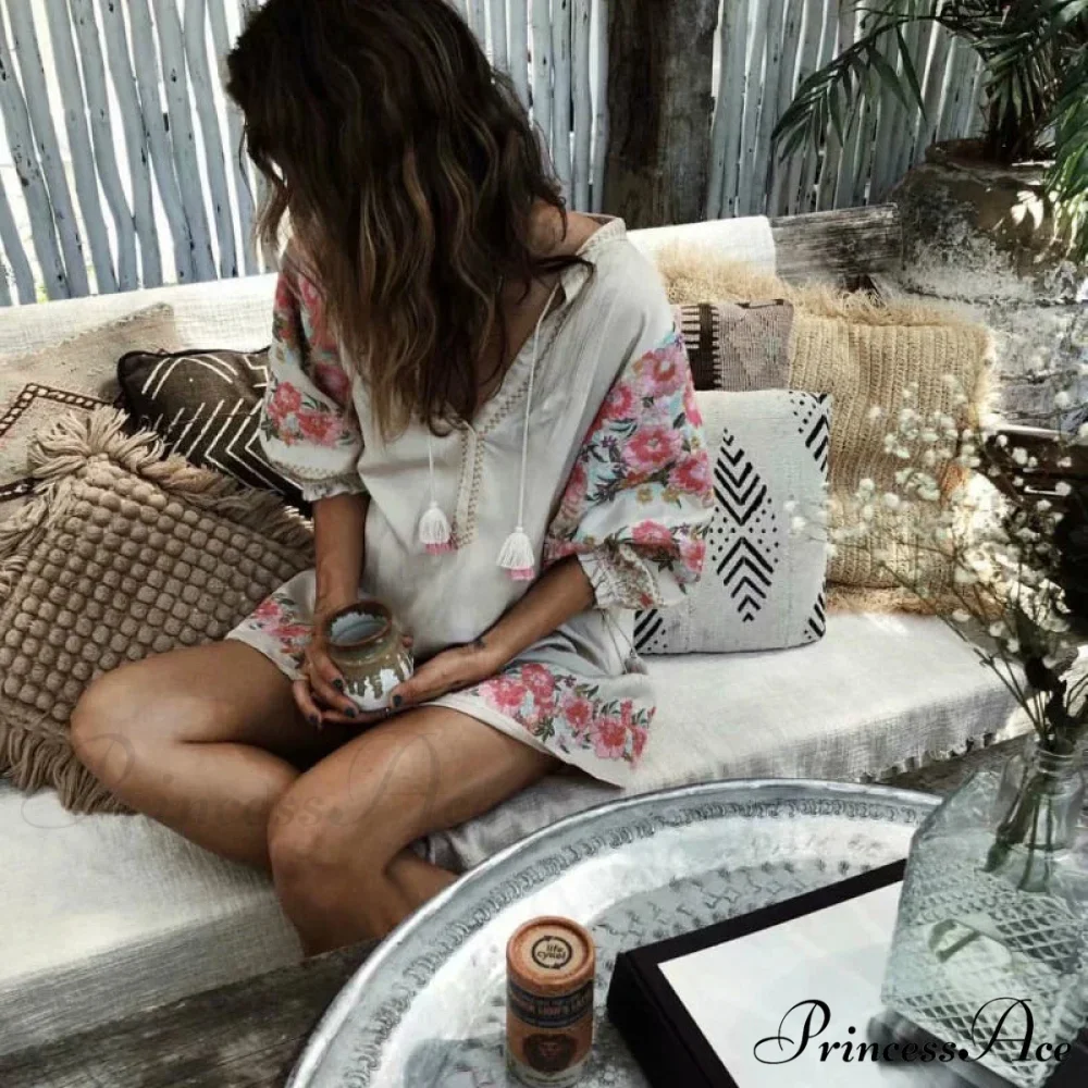 Flower Pattern Linen Cotton Mini V-neck Summer Boho Dress