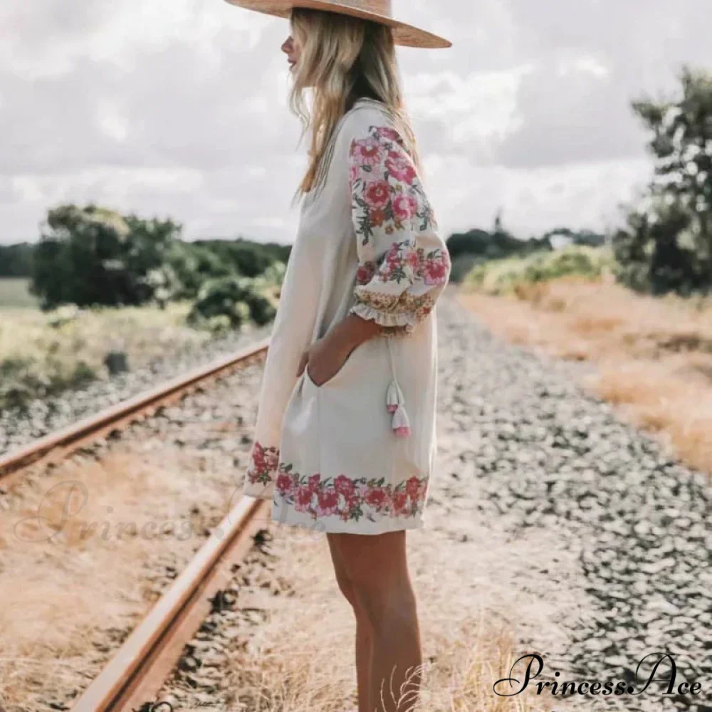 Flower Pattern Linen Cotton Mini V-neck Summer Boho Dress - Image 2