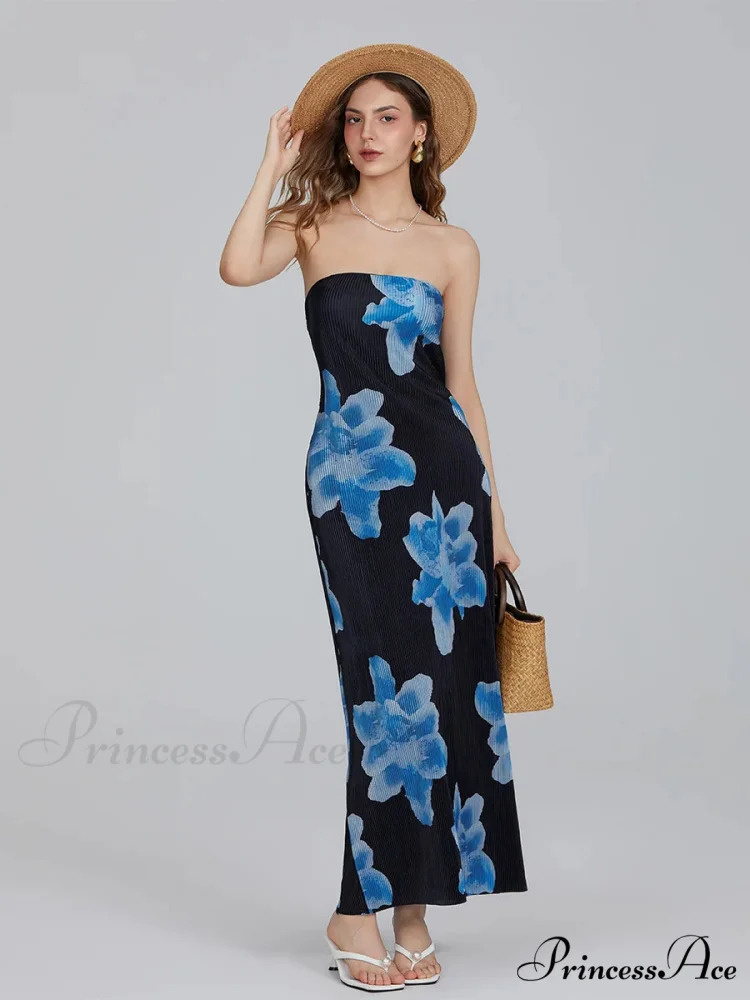 Flower Pattern Off-The-Shoulder Bandeau Pleated Tube Top Open-Back Celebration Dress - Image 2