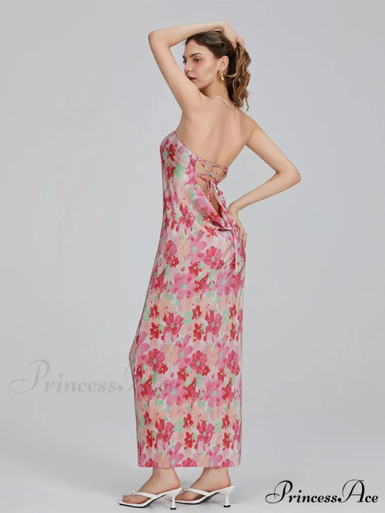 Flower Pattern Off-The-Shoulder Bandeau Pleated Tube Top Open-Back Celebration Dress - Image 3
