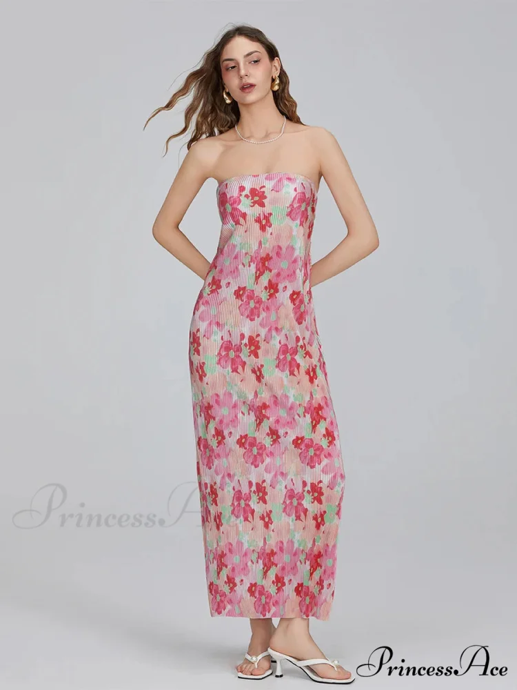 Flower Pattern Off-The-Shoulder Bandeau Pleated Tube Top Open-Back Celebration Dress - Image 4