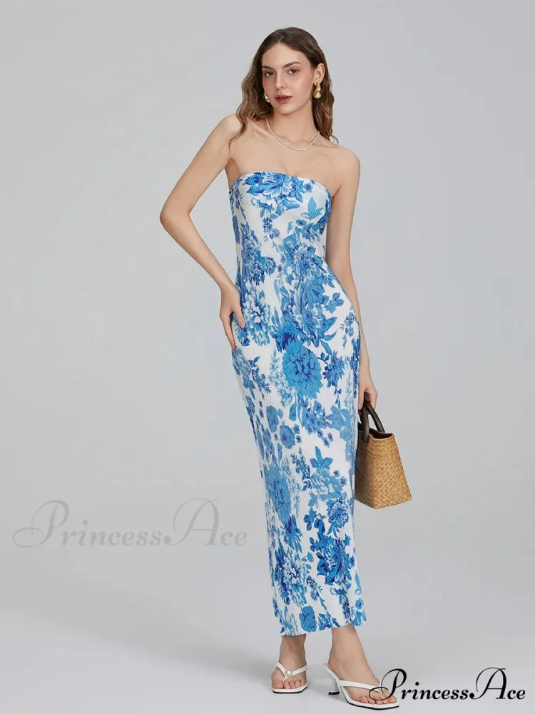 Flower Pattern Off-The-Shoulder Bandeau Pleated Tube Top Open-Back Celebration Dress - Image 5