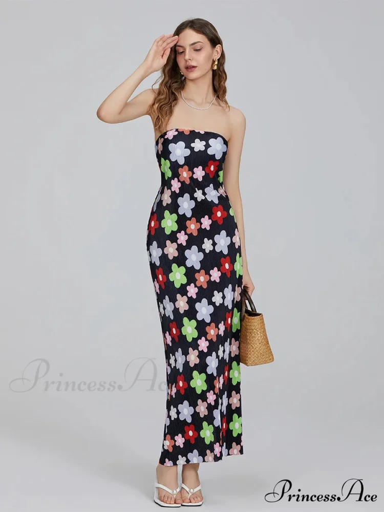 Flower Pattern Off-The-Shoulder Bandeau Pleated Tube Top Open-Back Celebration Dress - Image 6