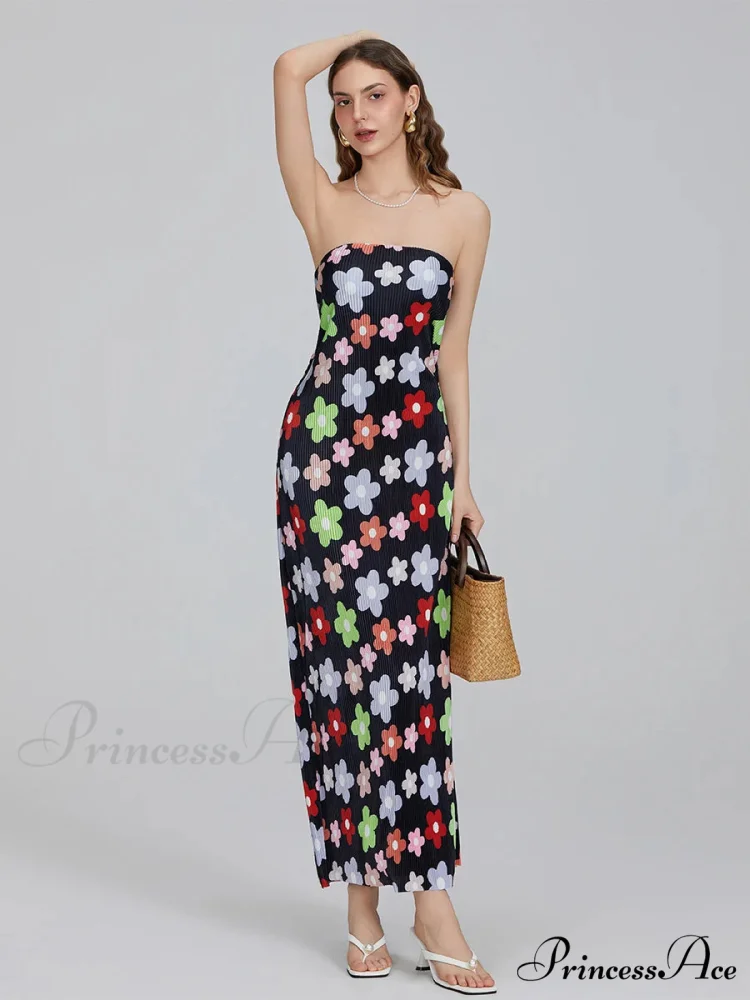 Flower Pattern Off-The-Shoulder Bandeau Pleated Tube Top Open-Back Celebration Dress - Image 7