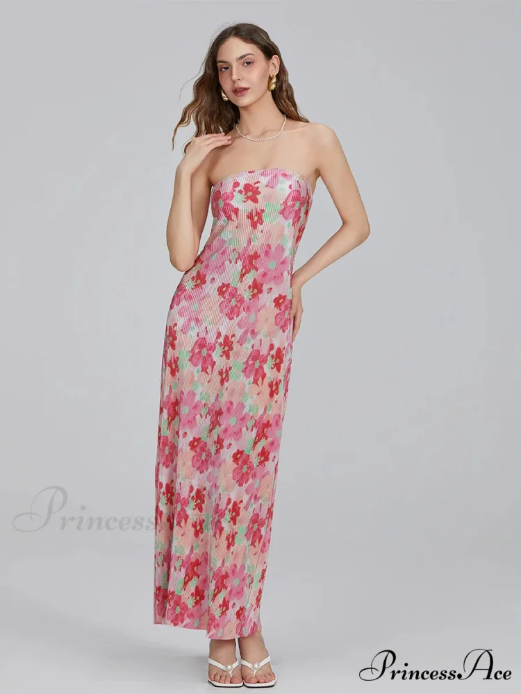 Flower Pattern Off-The-Shoulder Bandeau Pleated Tube Top Open-Back Celebration Dress - Image 9