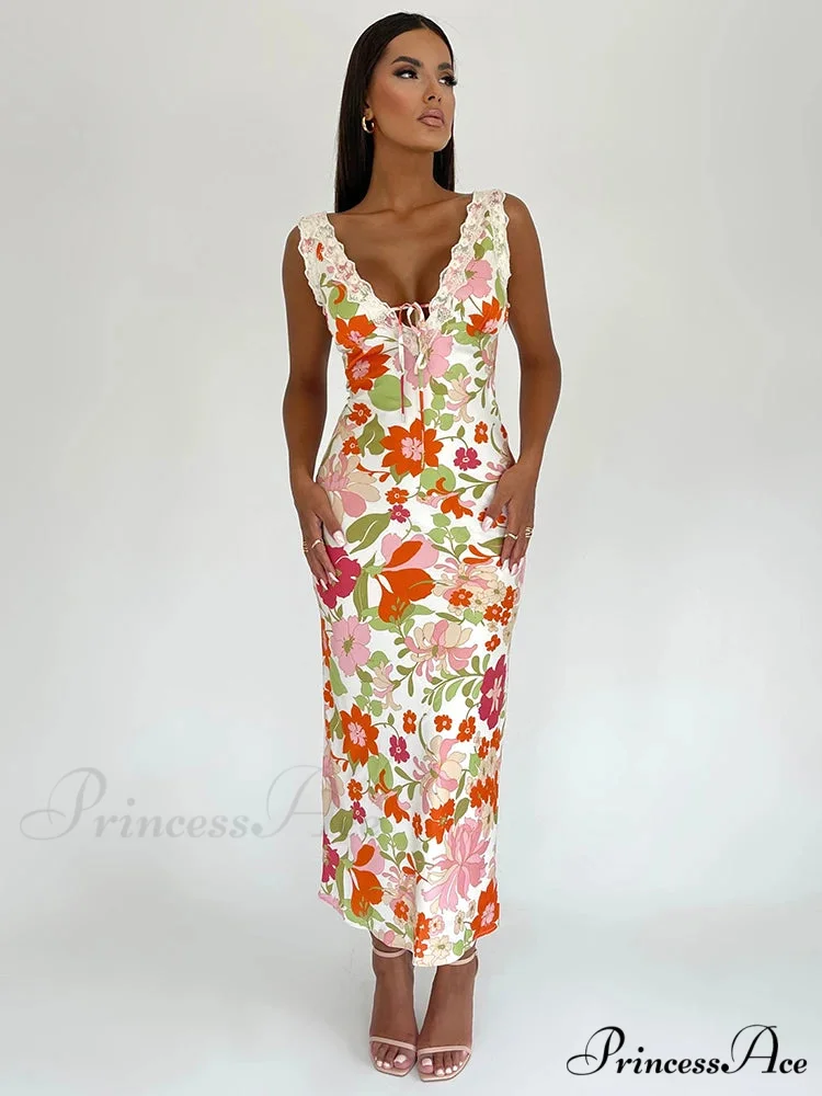 Flower Pattern Open-back Low-cut Body-hugging Full-length Flower Dress - Image 2
