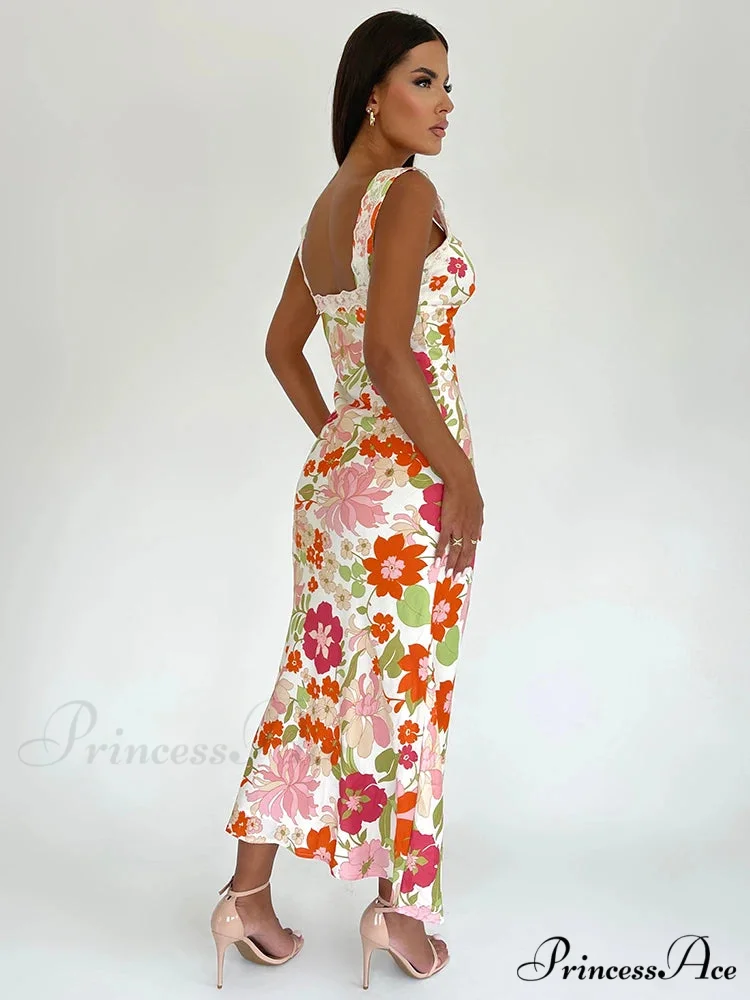 Flower Pattern Open-back Low-cut Body-hugging Full-length Flower Dress - Image 3