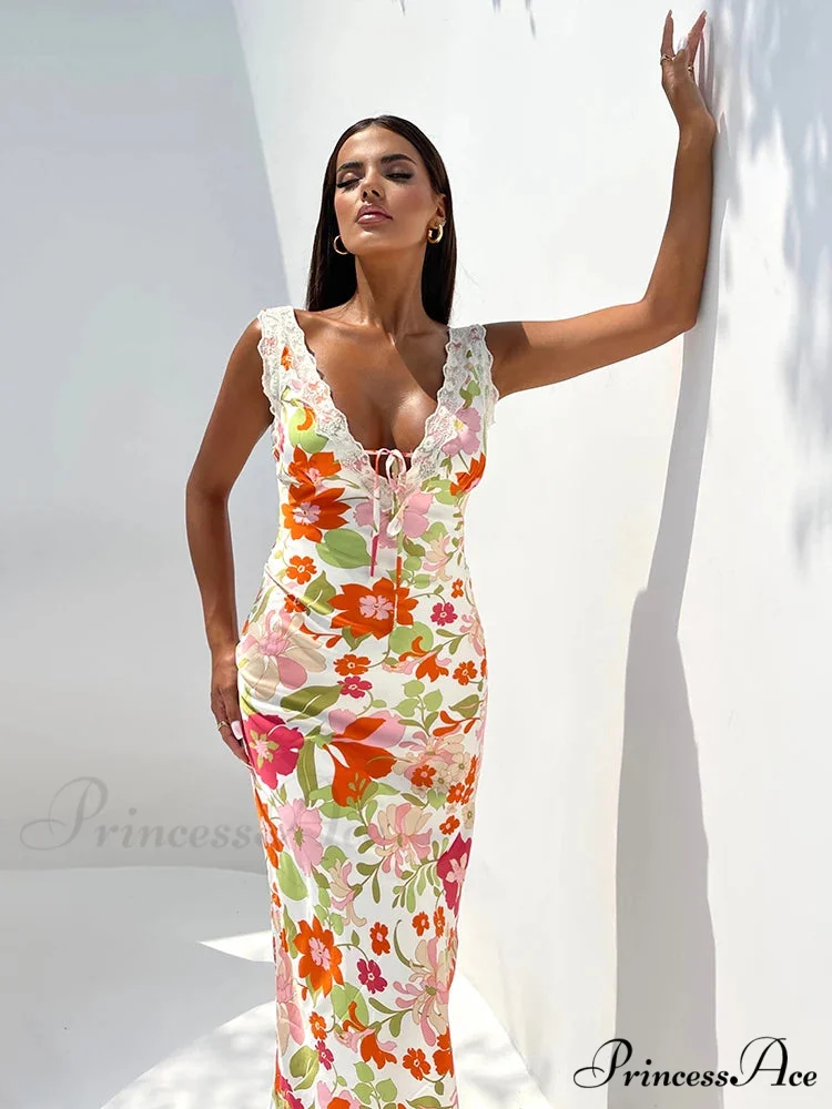 Flower Pattern Open-back Low-cut Body-hugging Full-length Flower Dress - Image 4