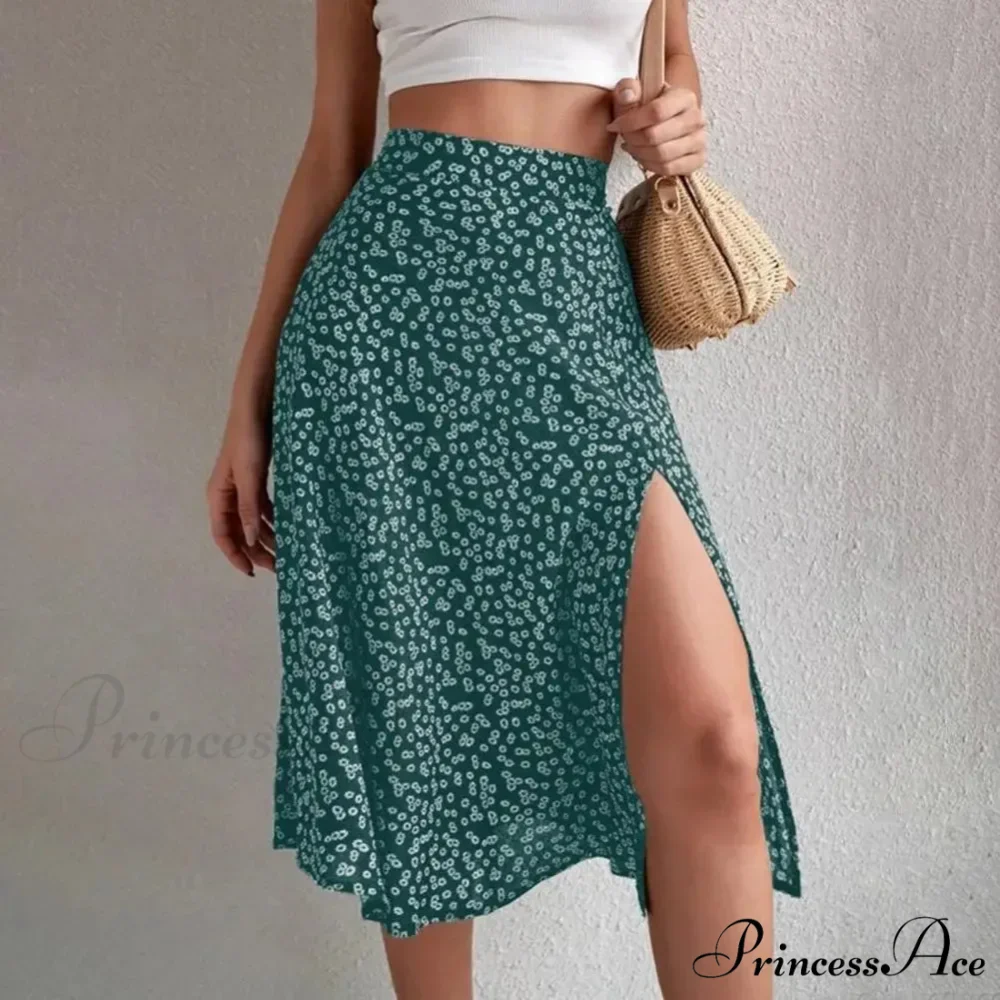 Flower Pattern Opening Flared High Rise Flowy Skirt - Image 2