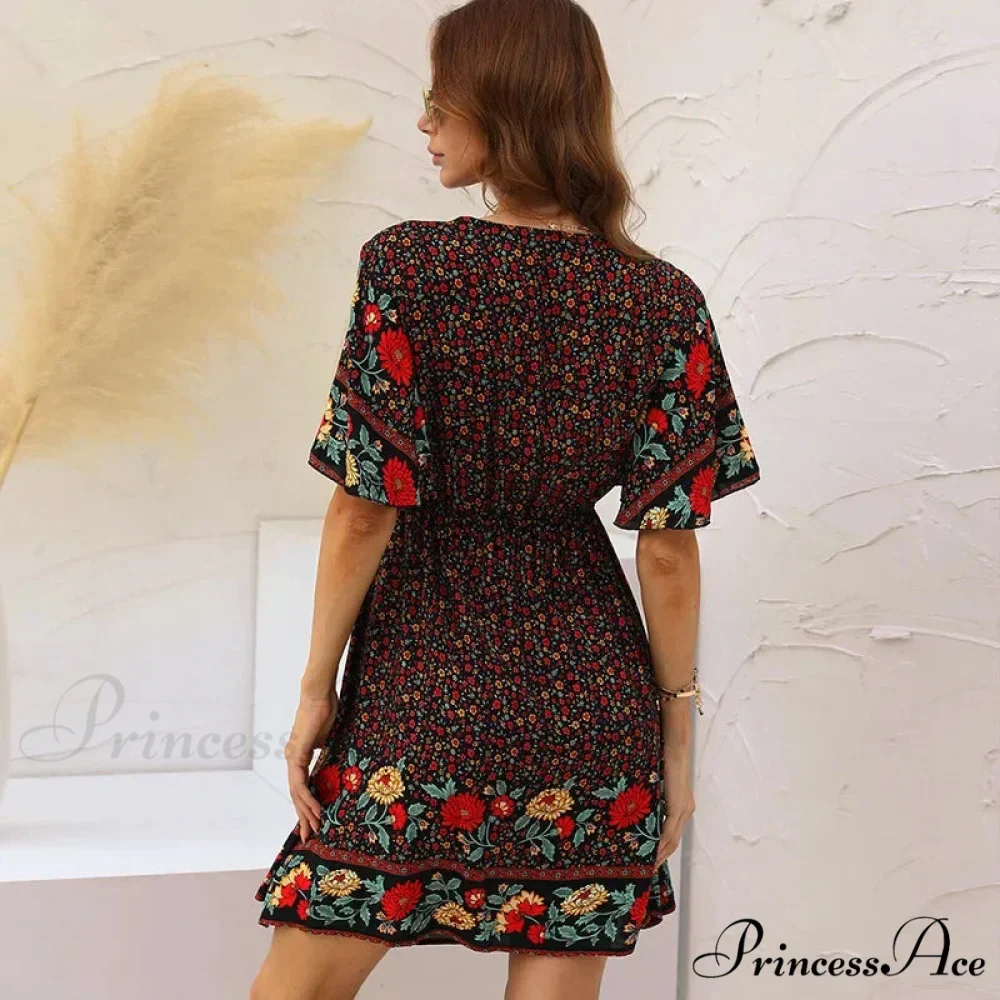Flower Pattern Rayon Cotton Low-cut Hollow Out Mini Boho Dress - Image 2