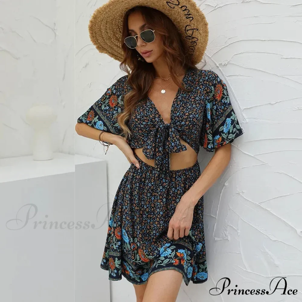 Flower Pattern Rayon Cotton Low-cut Hollow Out Mini Boho Dress - Image 4